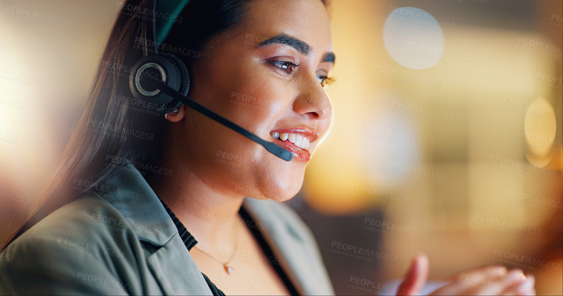 Buy stock photo Happy woman, call center and communication at night in office for customer service, CRM advisory and consulting. Face, Indian agent and questions for telecom support, contact and telemarketing advice