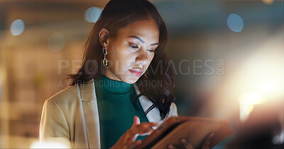 Night, business and woman with a tablet, typing and search internet with connection, online reading and website information. Person, employee or consultant with tech, digital app and data analysis