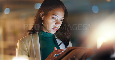 Buy stock photo Night, business and woman with a tablet, typing and search internet with connection, online reading and website information. Person, employee or law consultant for tech, digital app and data analysis