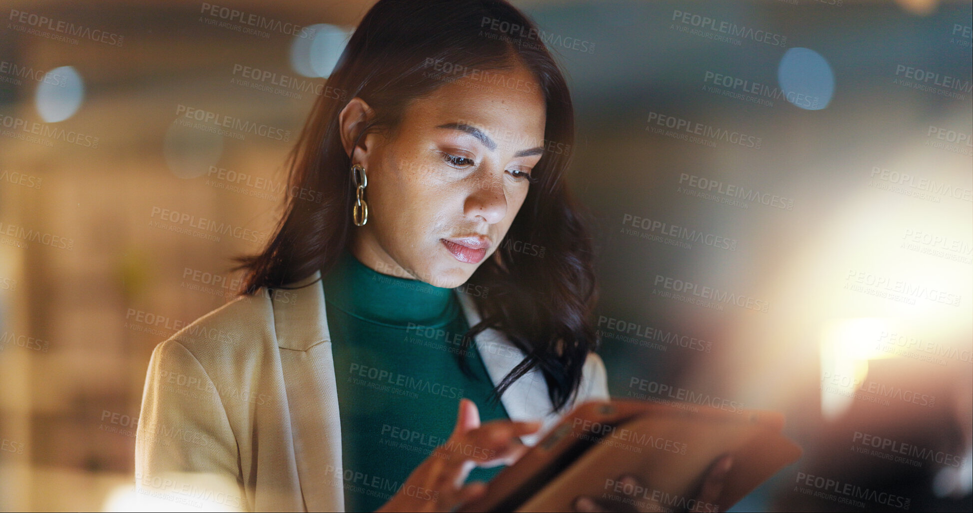 Buy stock photo Night, business and woman with a tablet, typing and search internet with connection, online reading and website information. Person, employee or law consultant for tech, digital app and data analysis