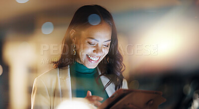 Night, business and woman with a tablet, typing and search internet with connection, online reading and website information. Person, employee or consultant with tech, digital app and data analysis