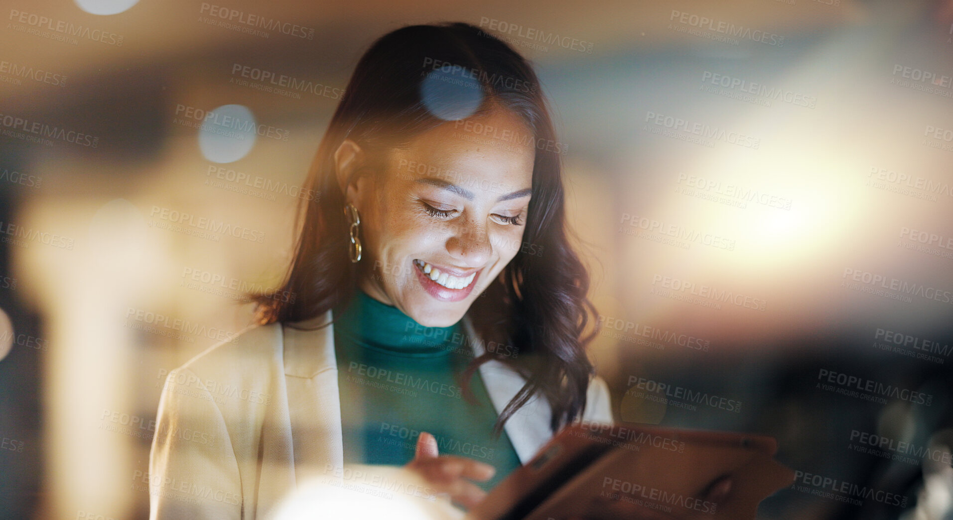 Buy stock photo Night, business and woman with a tablet for typing or internet search with online connection. Reading, website and information with person or tech consultant employee for digital app or data analysis