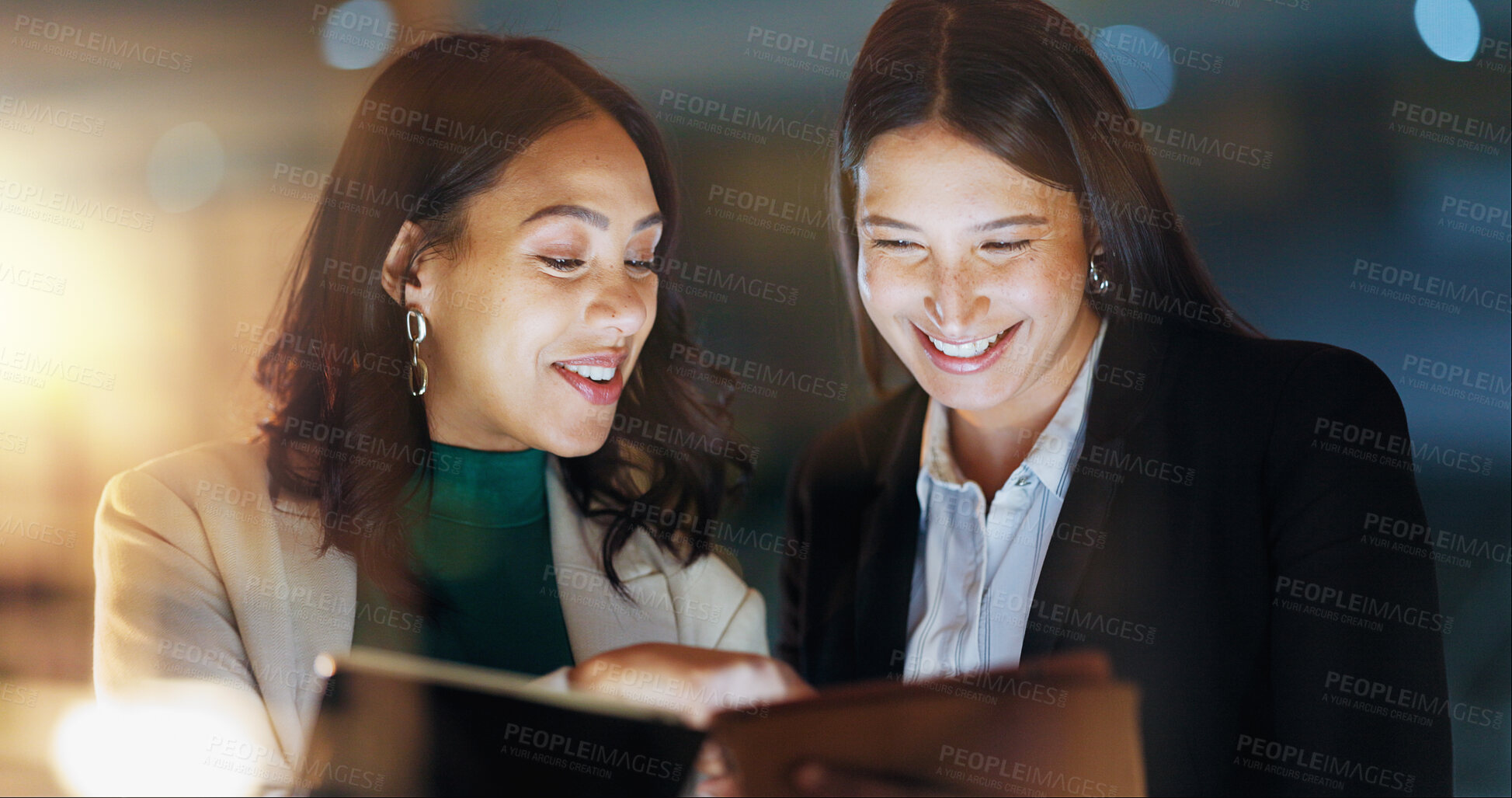 Buy stock photo Night, business and women with a tablet, high five and cooperation with connection, support and website information. People, employee or consultant with tech, evening or agreement with partnership