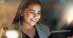Thinking, business and woman with a tablet, solution and online reading with connection, internet and planning. Person, worker and employee with technology, project development and smile with network