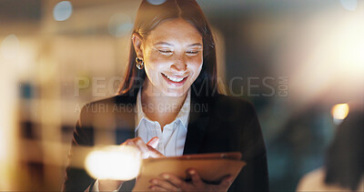 Buy stock photo App, double exposure and tablet with business woman in city for learning, reading or research. Internet, software and tech with happy professional employee in corporate workplace for email feedback