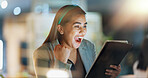 Business woman, winner and tablet for success, celebration and stock market goals, winning bonus or news in office. Trader with yes, excited and wow for trading on digital tech and window reflection