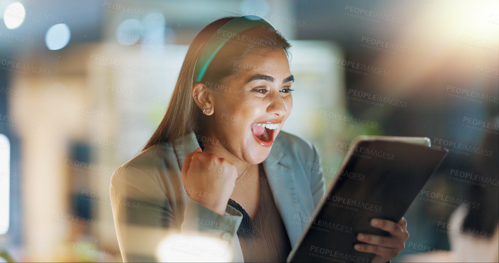 Buy stock photo Tablet, wow and yes with business woman in office for motivation, success or surprise. Fist, night and technology with happy professional employee in corporate workplace for celebration or reaction