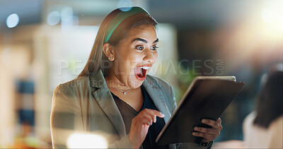 Buy stock photo Night, tablet and wow with business woman in office for learning, reading or research. Internet, surprise and technology with excited professional employee in corporate workplace for email feedback
