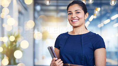 Buy stock photo Portrait, smile and tablet with business woman on bokeh background for development or inspiration. Confident, face and technology with happy employee in workplace for start of new career as intern