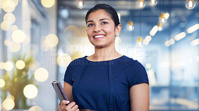 Buy stock photo Smile, tablet and vision with business woman on bokeh background for future planning or thinking. Idea, opportunity and technology with happy employee in workplace for start of new career as intern