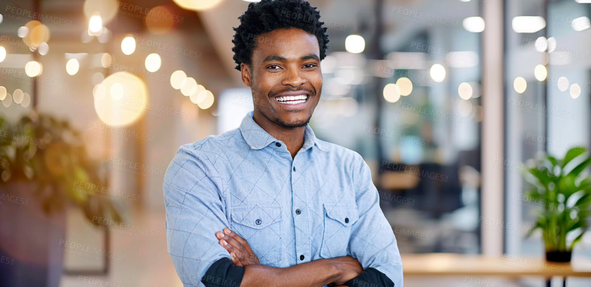 Buy stock photo Designer, creative and portrait of black man with arms crossed, smile or confidence at agency. About us, modern office and happy entrepreneur with career opportunity and professional pride at startup