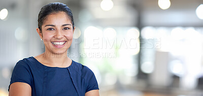 Buy stock photo Business, smile and portrait of woman with space for mockup, entrepreneur and financial advisor in startup agency. Female employee, professional and bokeh banner with consulting knowledge in New York
