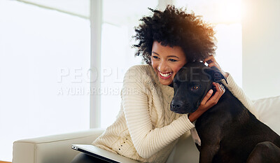 Buy stock photo Home, smile and black woman with dog, hug and relax with happiness, bonding together and playful. Apartment, pet owner and girl with affection, peace and animal with canine, best friend and loyalty