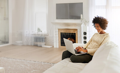 Buy stock photo Living room, laptop and black woman with smile, typing and remote work in home, copywriting and business. House, freelancer and girl with computer, online and happy with blog for creative agency