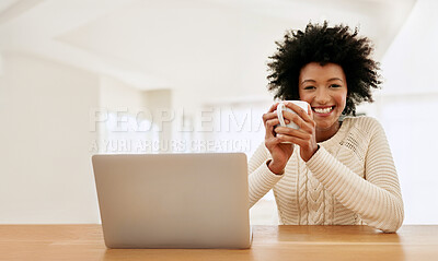 Buy stock photo Home, portrait and black woman with coffee, laptop and relax with smile. remote work and freelancer. Face, African person and employee with computer, morning tea and internet for copywriting or latte