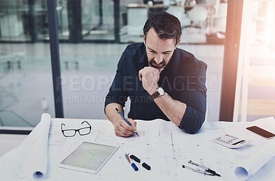Buy stock photo Business, man and architecture office with blue print, building design and plan for property development. Drawing, sketch and project management in workplace, calculations and architect or engineer