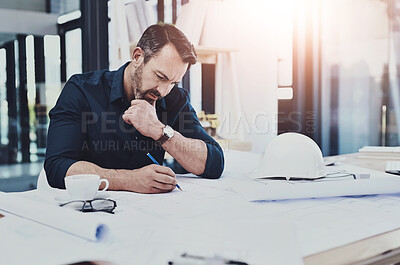 Buy stock photo Business, man and architecture office with blueprint, building design and plan for property development. Drawing, sketch and project management in workplace, calculations and architect or engineer