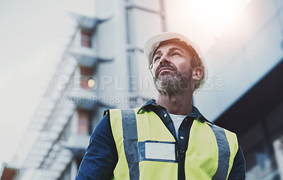 Buy stock photo Man, construction and architect thinking outside, building vision and plan or property development. Professional, inspection and architecture site or decision, engineering design and employee or idea