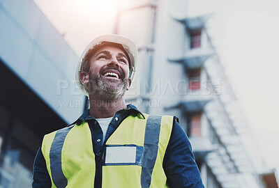 Buy stock photo Man, construction and architecture thinking outside, building vision and plan or property development. Professional, inspection and happy architect in city, engineering design and employee or idea