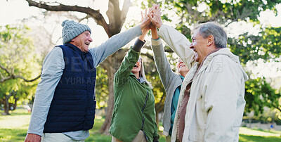 Buy stock photo Elderly people, high five and teamwork in nature support, trust or motivation together for outdoor community. Mature or retired group touching hands in team building, collaboration or unity at park