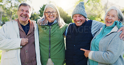 Nature hug, happy and senior friends bonding, support and community retirement club, team or people for wellness. Portrait, solidarity or elderly group smile, hugging and together for morning freedom