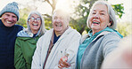 Nature selfie, face or elderly happy friends bond together, care and memory photo of old woman, mature man or club. Natural morning freedom, park portrait or senior group for outdoor profile picture