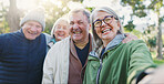 Park selfie, face and senior happy friends bonding, support and smile for reunion memory photo of old woman, man or club. Happiness, portrait photography or elderly group for winter profile picture