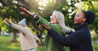 Yoga class, park and senior people with instructor exercise together in nature for health and wellness training. Peace, balance and elderly people outdoor workout or stretching for body fitness