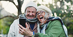 Selfie, travel and senior couple in park for social media, online post and profile picture on adventure. Retirement, nature and happy man and woman take photo on holiday, vacation or weekend outdoors