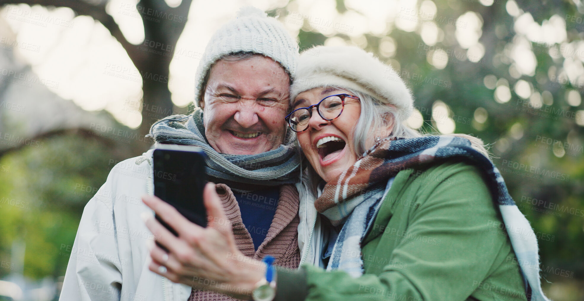 Buy stock photo Selfie, travel and senior couple in park for social media, online post and profile picture on adventure. Retirement, nature and happy man and woman take photo on holiday, vacation or weekend outdoors