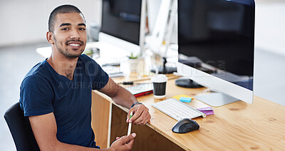 Buy stock photo Creative worker, planning and portrait by computer for online research, editing and working in startup office. Business man or writer on desktop with project or story development at publishing agency