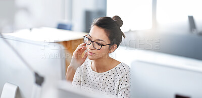 Buy stock photo Business, thinking and woman with computer, solution and online reading for research, article and decision. Person, journalist and employee with pc, ideas and problem solving with choice and planning