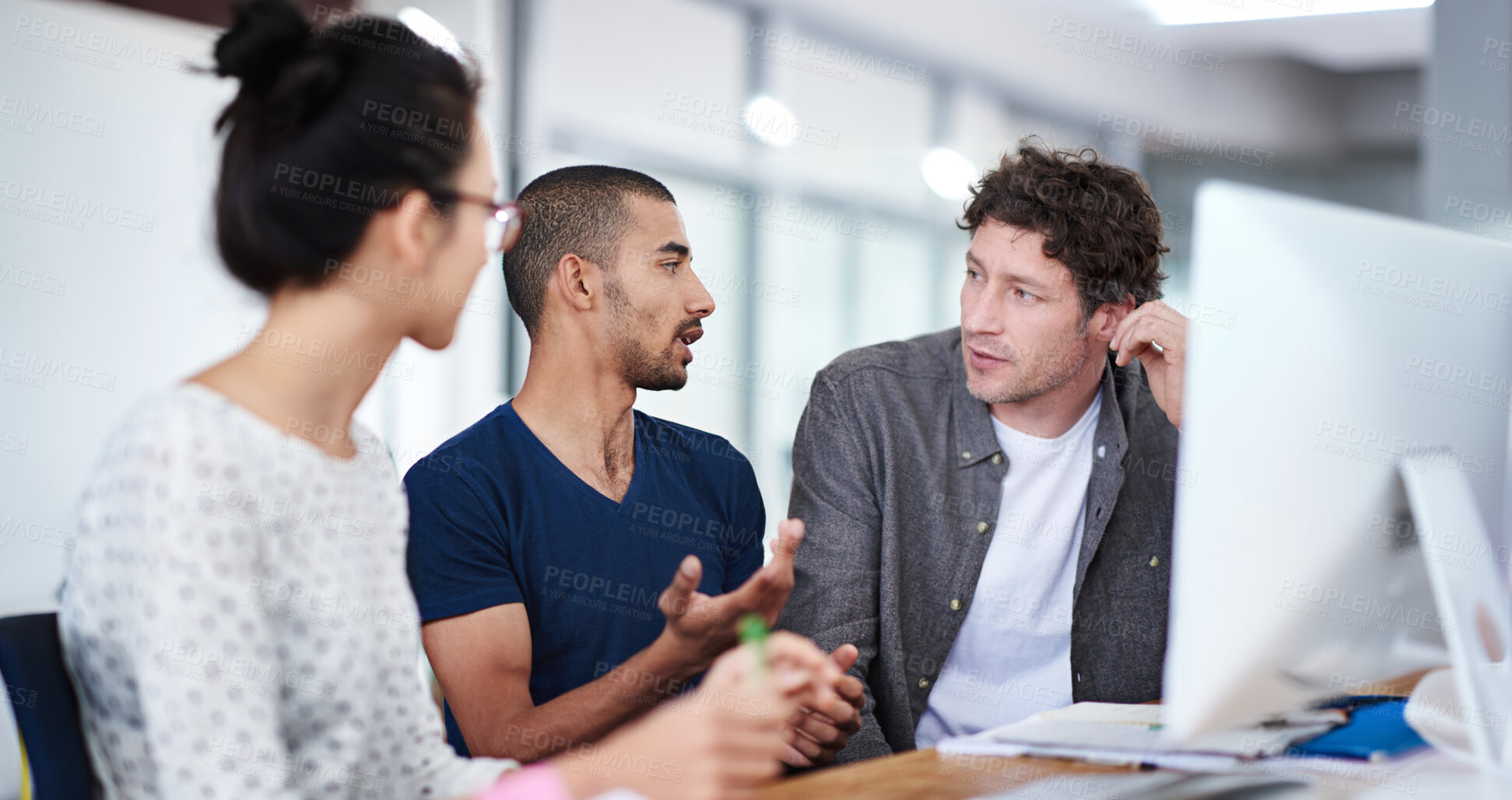 Buy stock photo Business people, teamwork and talking in office on computer with problem solving or publishing solution. Editor, copywriter and group planning for story, manuscript or creative project development