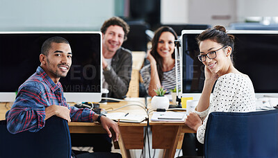 Buy stock photo Computer, graphic design and desk with portrait of employee team in office together for creative career. Collaboration, smile for web development and happy people in workplace for project management