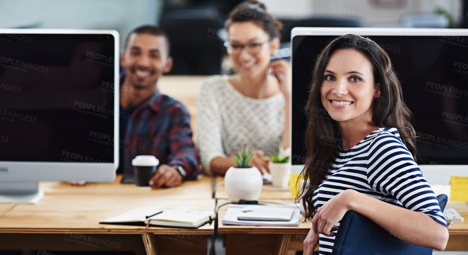 Buy stock photo Creative woman, teamwork and portrait by desktop or computer planning or workflow in office workspace. Business employee at desk for research notes with project solution or ideas at publishing agency