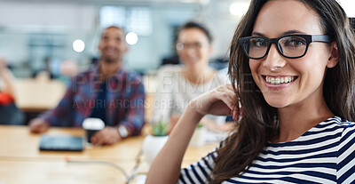 Buy stock photo Business woman, portrait and meeting in office for planning, collaboration and teamwork at creative startup agency. Happy face of young worker, editor or copywriter in glasses excited for project