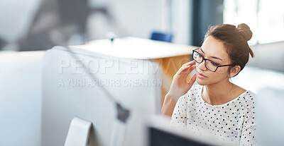 Buy stock photo Business, thinking and woman with computer, planning and online reading for research, article and solution. Person, journalist and employee with pc, ideas and problem solving with choice and decision