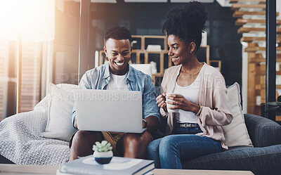 Buy stock photo Laptop, happy and black couple on sofa for internet, online shopping and furniture website in new home. Dating, relationship and man and woman on computer for bonding, chill and relax in living room