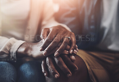 Buy stock photo Holding hands, marriage and couple with empathy, support and comfort for financial debt crisis. Ring, trust and closeup of woman with man for compassion in relationship for communication in home