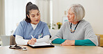 Nurse, documents and senior woman consulting, healthcare information and insurance checklist, charts and home advice. Medical doctor, elderly patient or people talking of retirement nursing paperwork