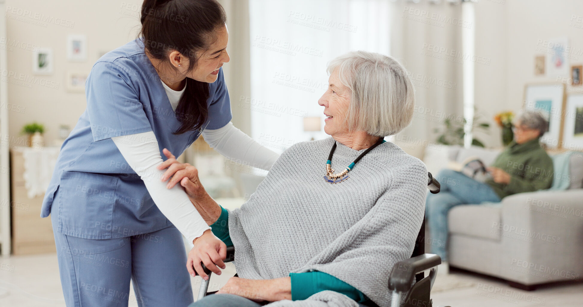 Buy stock photo Nurse, wheelchair and happy woman for support, healthcare service and medical kindness and nursing. Doctor, caregiver and people talking or senior patient with disability, consulting or home helping