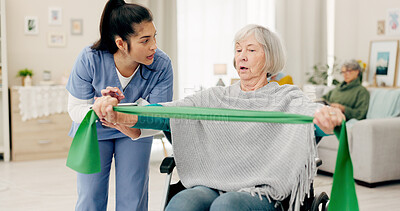 Buy stock photo Nurse, physiotherapy and senior woman in wheelchair, back pain check and physical therapy exam at home. Retirement nursing, physiotherapist medical doctor and elderly patient with disability support