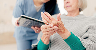 Hands, talking and a woman with a doctor for a consultation, arthritis problem or joint pain. Healthcare, home care and a senior patient speaking to a nurse about a finger accident with notes
