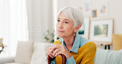 Couch, thinking and senior woman with a cane and a memory in home living room to relax on retirement. Lounge, walking stick and elderly person or pensioner with hope in a house or nursing facility