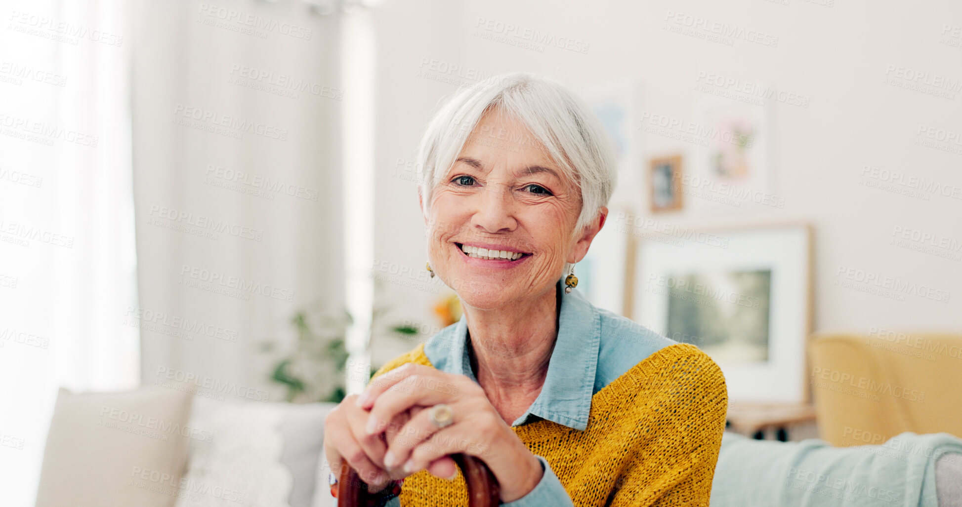 Buy stock photo Happy, face and senior woman on sofa in nursing home or grandma with happiness or freedom in retirement to relax in house. Portrait, elderly person and smile in living room or thinking of good memory