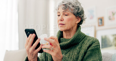 Buy stock photo Senior woman, pills and information with cellphone in home on bottle for healthcare or diet. Package, reading and supplement with elderly female for vitamin with tech for pain with advice or help.