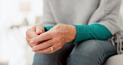 Buy stock photo Senior woman, anxiety and hands in stress, worry or concern over waiting for medical results, diagnosis or news. Zoom, hand and mental health of person with anxious body language or gesture in home