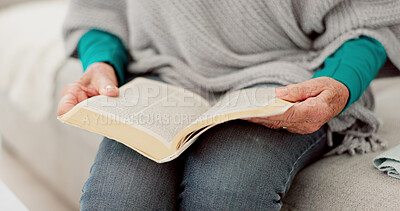 Closeup, hands and senior woman reading the bible, faith and guidance with religion, peace and worship. Zoom, female person or elderly lady with scripture, holy and spiritual with gratitude and trust