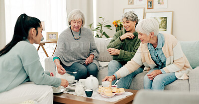 Senior women, tea and cake with friends at a retirement home for quality time, chat or relax. Elderly people or group with a caregiver at a table for food and social visit while drinking and eating