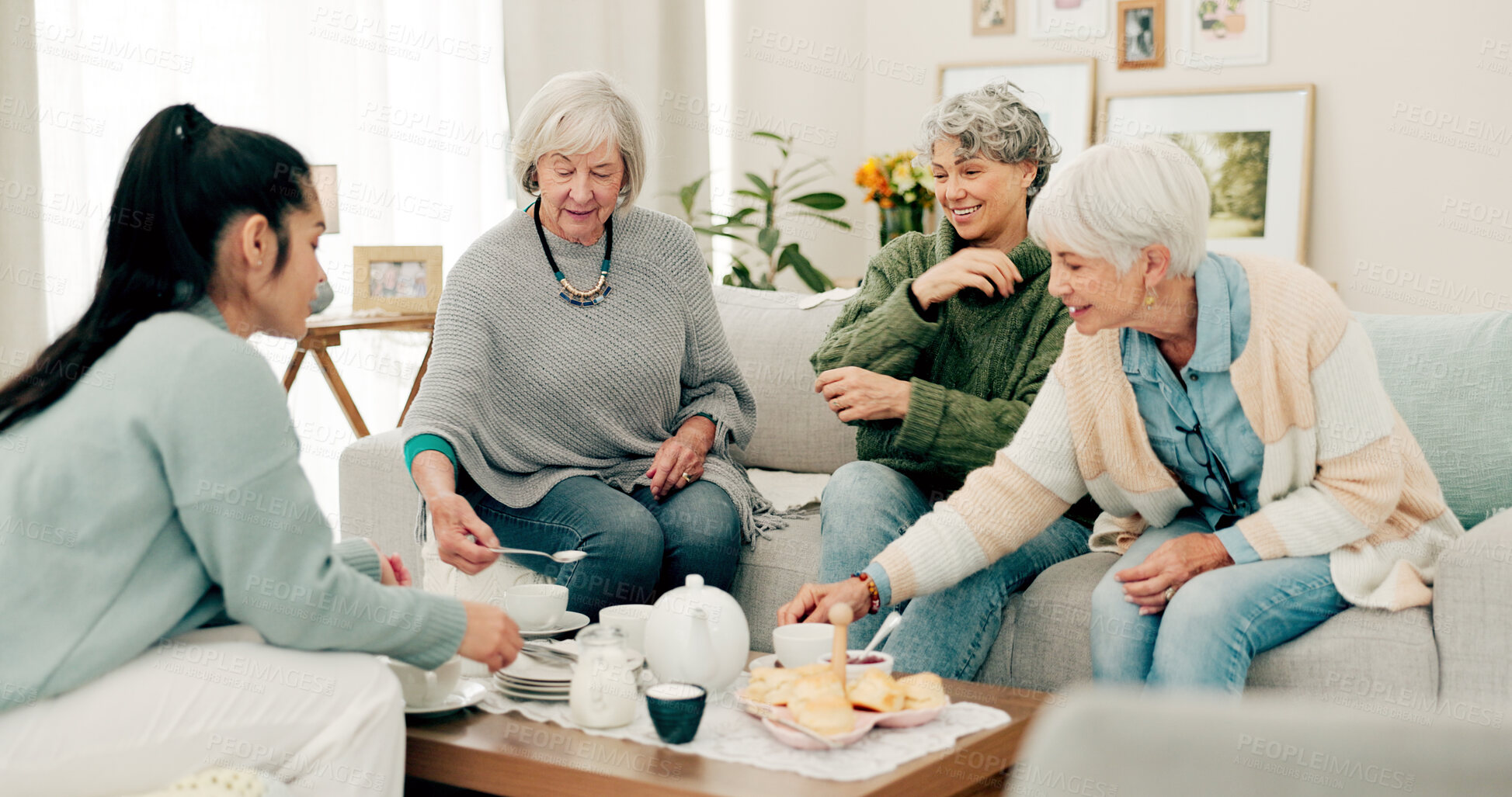 Buy stock photo Senior women, tea and cake with friends at a retirement home for quality time, chat or relax. Elderly people or group with a caregiver at a table for food and social visit while drinking and eating